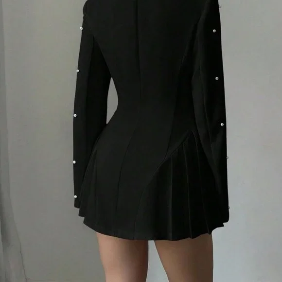 Black Elegant Women's Pearl Stud Button Front Blazer Jacket